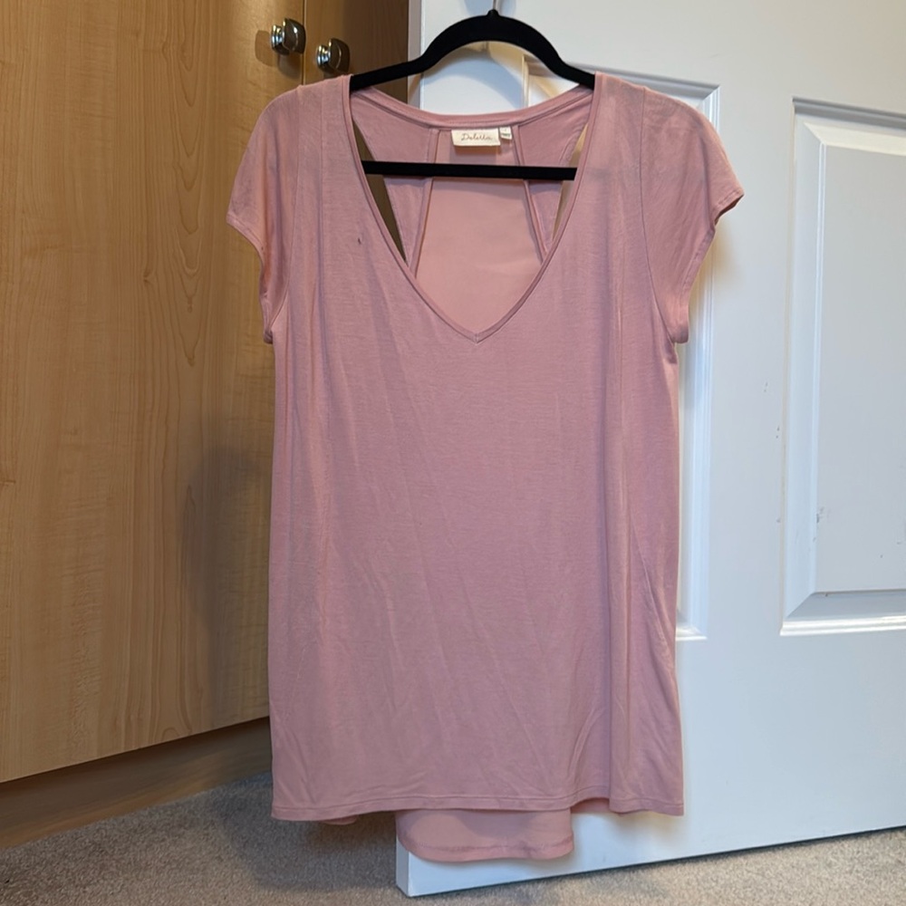 Deletta Shirt Women Small Pink Anthropologie Blouse Short Sleeve V Neck